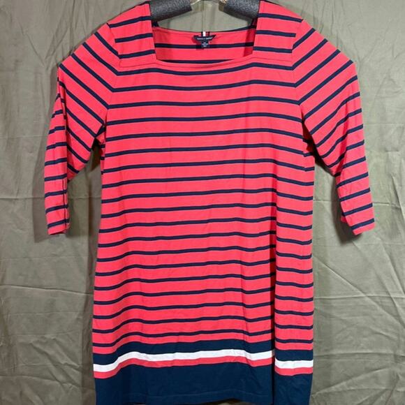 Tommy Hilfiger Striped Red Blue Midi Dress 3/4 Sleeves Nautical Americana Sz XXL - Picture 1 of 11
